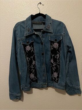 New Identity Women's Blue Denim Jacket with Black Floral Panels
